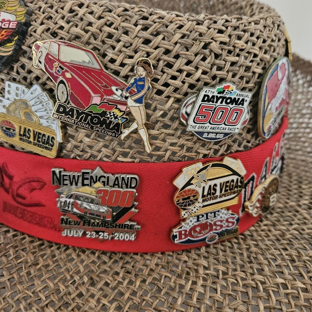 Dale Earnhardt Straw Hat With 40 Racing Pins NASCAR Automobile Some Vintage
